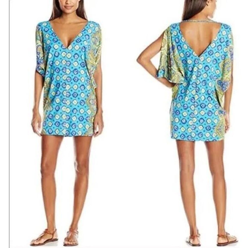 Trina Turk Corsica Turquoise Jersey Swimsuit Cover Up Tunic Caftan Dress